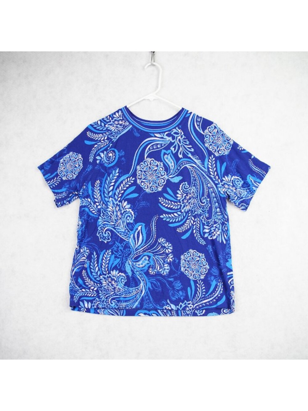 Johnny Was Womens Floral Print Crew Neck Short Sleeve Tee Size Small Blue Boho